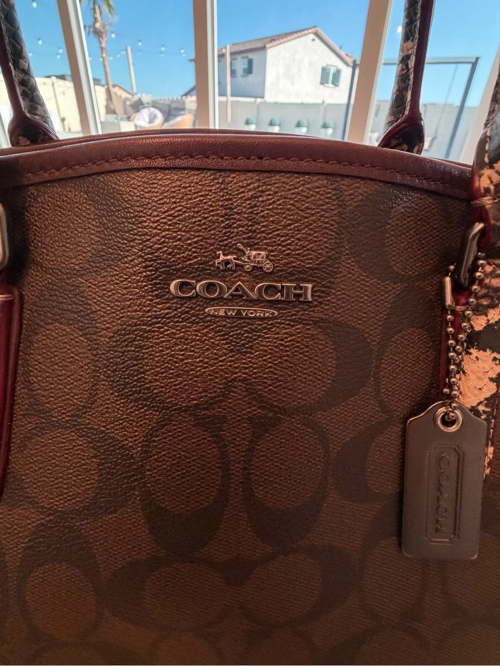 Coach Carry all satchel handbag monogram brown burgundy phyton handle embossed